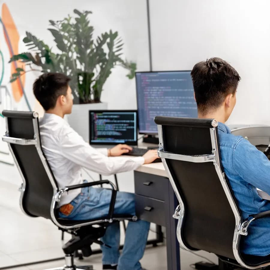 Two software developers writing code at dual-monitor workstations